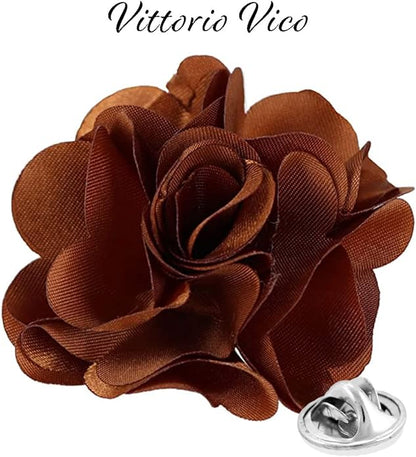 Vittorio Vico Unisex Satin Solid Flower Lapel Pin - Whiskey Brown - Flower Lapel Pin - Vittorio Vico