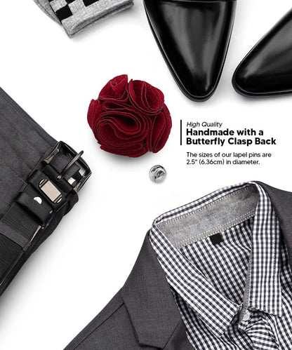 Vittorio Vico Unisex Solid Seersucker Flower Lapel Pin - Burgundy - Flower Lapel Pin - Vittorio Vico