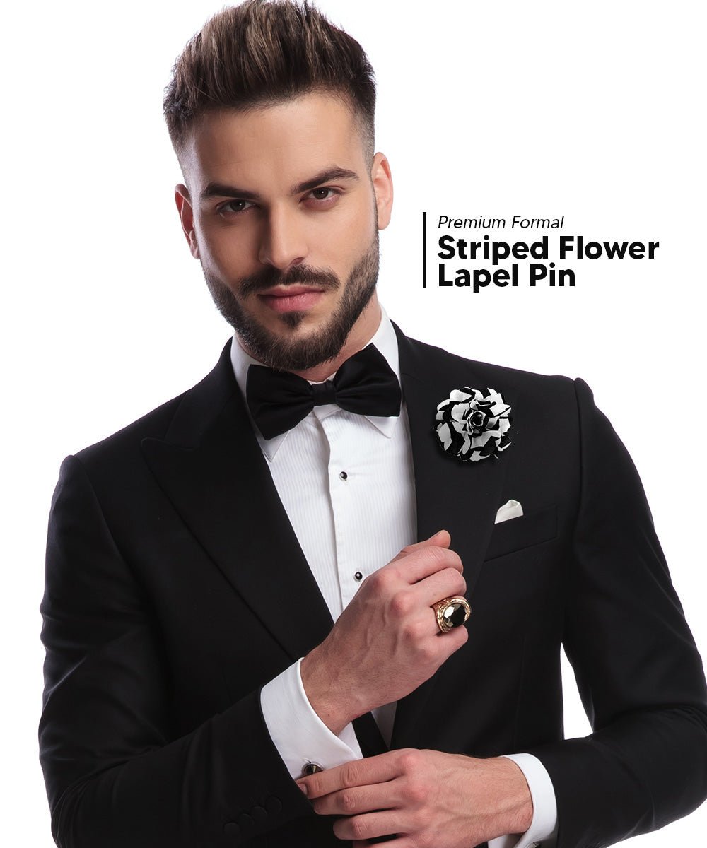 Vittorio Vico Unisex Striped Satin Flower Lapel Pin - Black and White - Flower Lapel Pin - Vittorio Vico