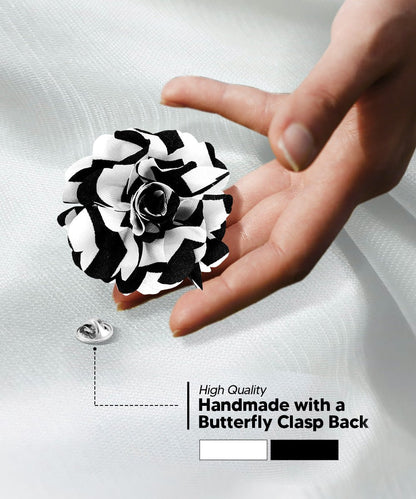 Vittorio Vico Unisex Striped Satin Flower Lapel Pin - Black and White - Flower Lapel Pin - Vittorio Vico