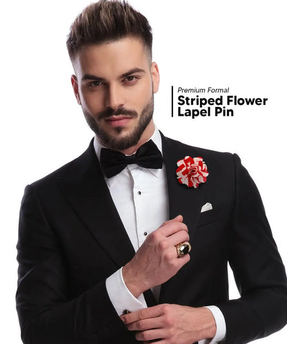 Vittorio Vico Unisex Striped Satin Flower Lapel Pin - Red and White - Flower Lapel Pin - Vittorio Vico