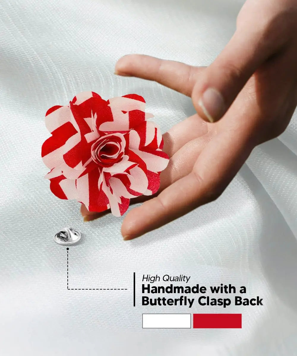 Vittorio Vico Unisex Striped Satin Flower Lapel Pin - Red and White - Flower Lapel Pin - Vittorio Vico