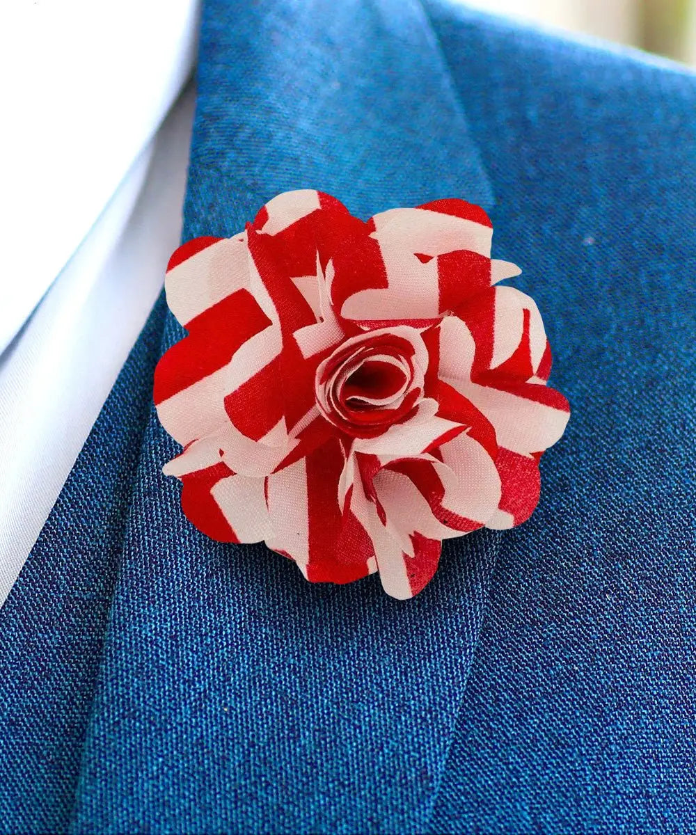 Vittorio Vico Unisex Striped Satin Flower Lapel Pin - Red and White - Flower Lapel Pin - Vittorio Vico