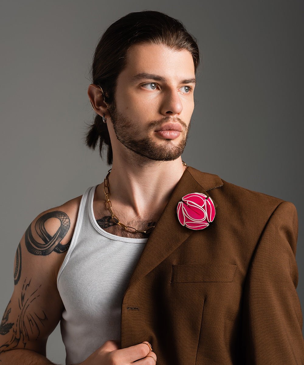 Vittorio Vico Unisex Trim Rose Flower Lapel Pin - Hot Pink - Flower Lapel Pin - Vittorio Vico
