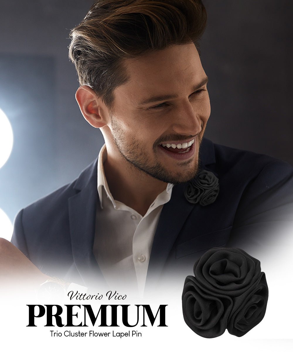 Vittorio Vico Unisex Trio Cluster Satin Flower Lapel Pin - Black - Flower Lapel Pin - Vittorio Vico