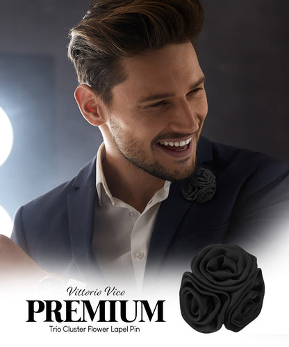 Vittorio Vico Unisex Trio Cluster Satin Flower Lapel Pin - Black - Flower Lapel Pin - Vittorio Vico