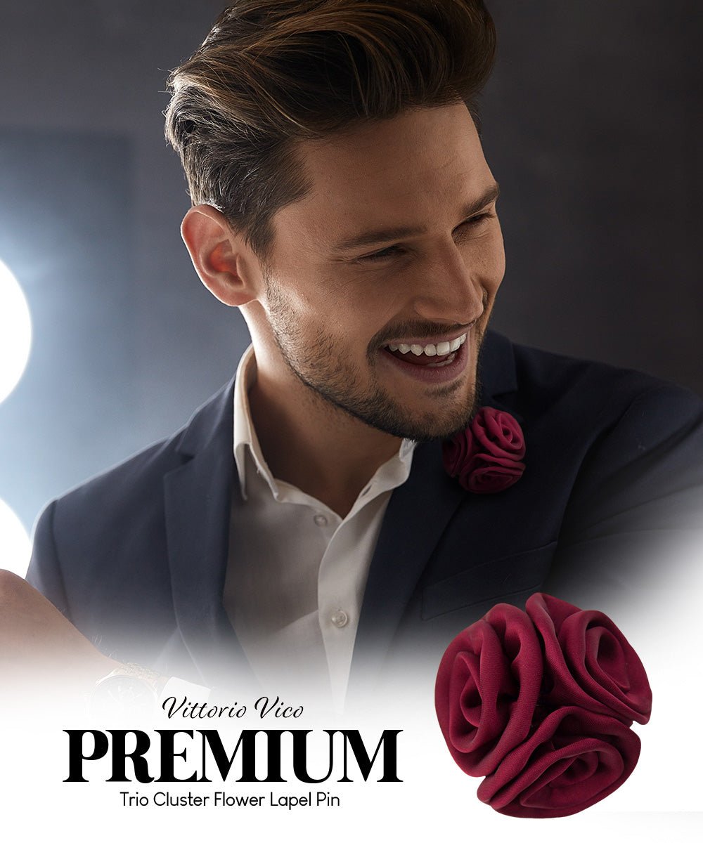 Vittorio Vico Unisex Trio Cluster Satin Flower Lapel Pin - Burgundy - Flower Lapel Pin - Vittorio Vico