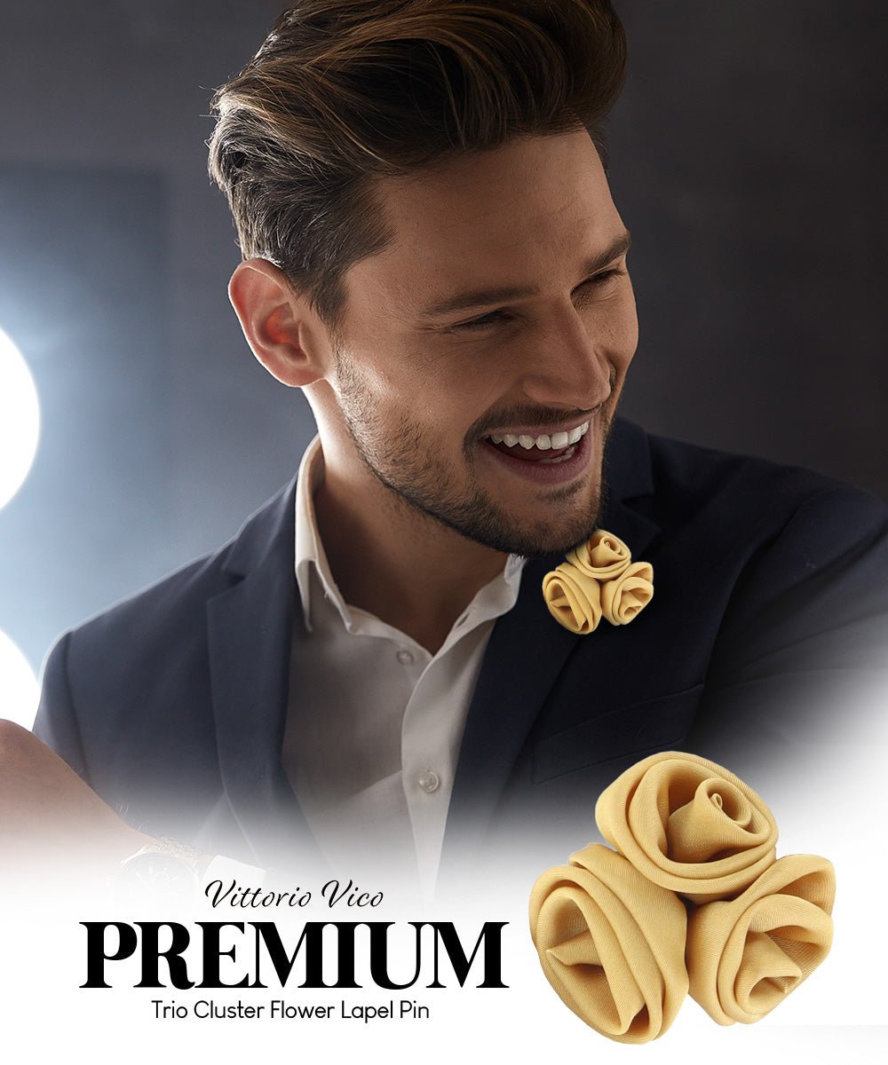 Vittorio Vico Unisex Trio Cluster Satin Flower Lapel Pin - Gold - Flower Lapel Pin - Vittorio Vico