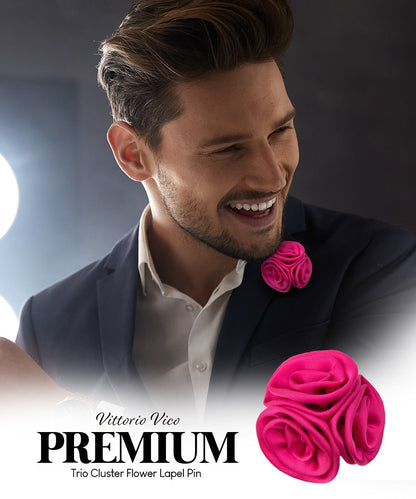 Vittorio Vico Unisex Trio Cluster Satin Flower Lapel Pin - Hot Pink - Flower Lapel Pin - Vittorio Vico