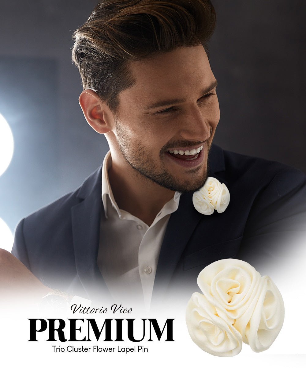 Vittorio Vico Unisex Trio Cluster Satin Flower Lapel Pin - Ivory - Flower Lapel Pin - Vittorio Vico