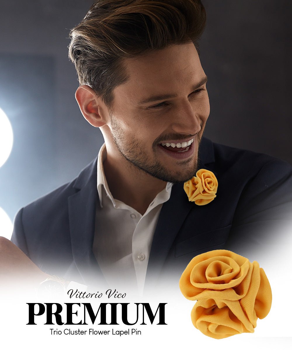 Vittorio Vico Unisex Trio Cluster Satin Flower Lapel Pin - Mustard Yellow - Flower Lapel Pin - Vittorio Vico
