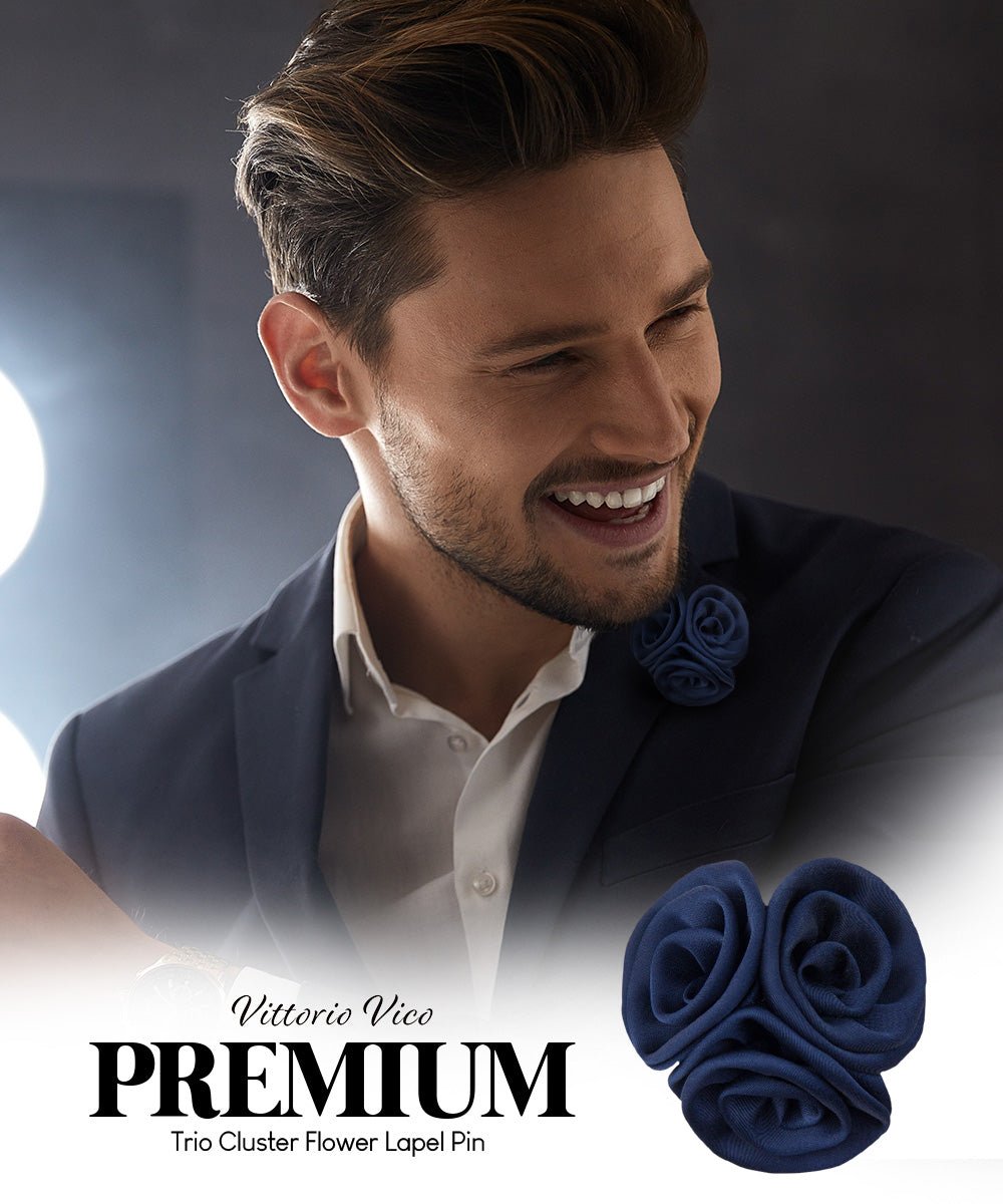 Vittorio Vico Unisex Trio Cluster Satin Flower Lapel Pin - Navy Blue - Flower Lapel Pin - Vittorio Vico