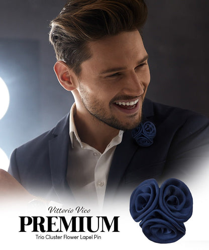 Vittorio Vico Unisex Trio Cluster Satin Flower Lapel Pin - Navy Blue - Flower Lapel Pin - Vittorio Vico