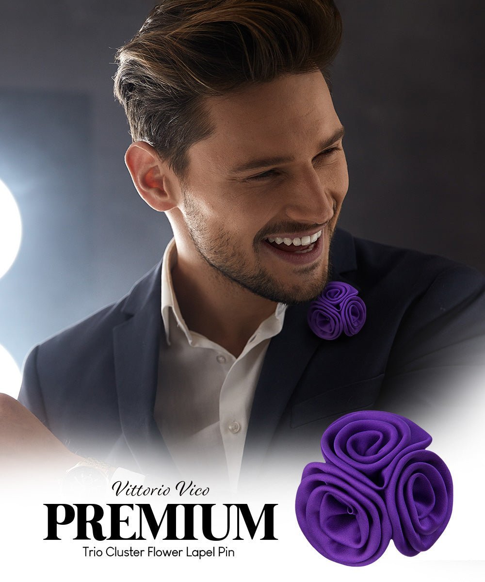 Vittorio Vico Unisex Trio Cluster Satin Flower Lapel Pin - Purple - Flower Lapel Pin - Vittorio Vico