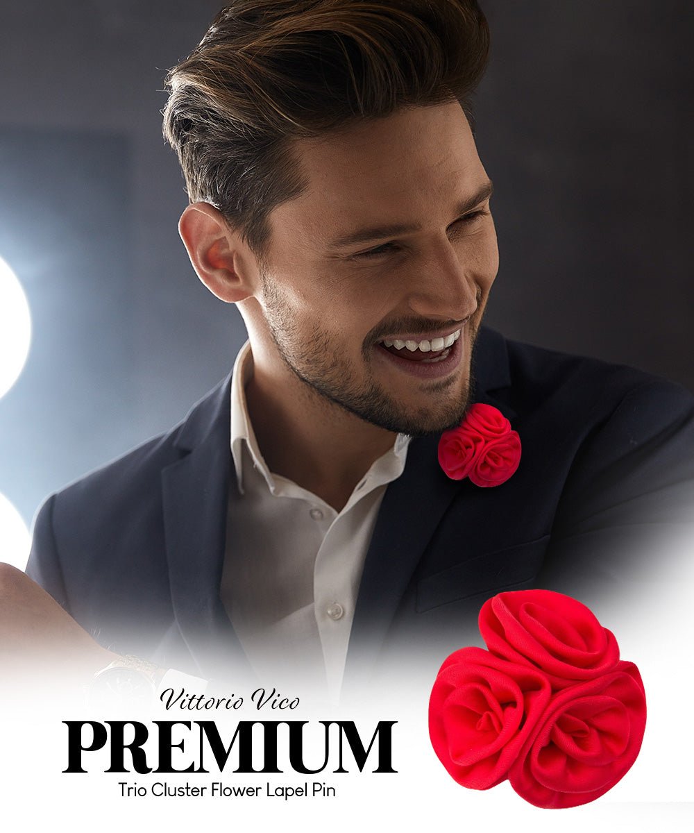 Vittorio Vico Unisex Trio Cluster Satin Flower Lapel Pin - Red - Flower Lapel Pin - Vittorio Vico