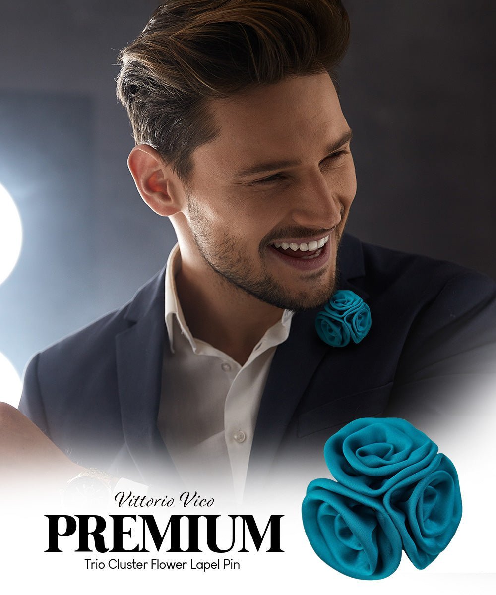 Vittorio Vico Unisex Trio Cluster Satin Flower Lapel Pin - Teal Blue - Flower Lapel Pin - Vittorio Vico