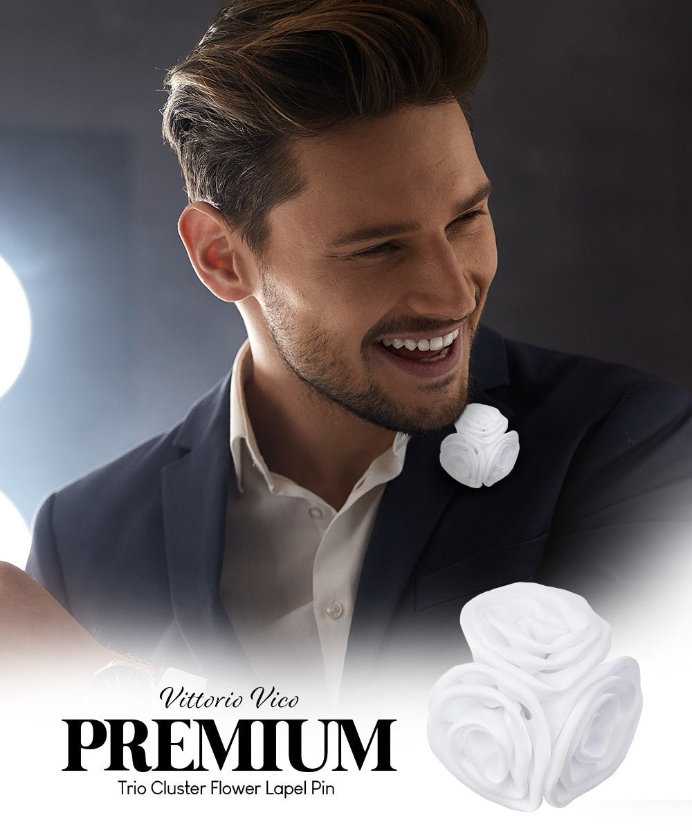 Vittorio Vico Unisex Trio Cluster Satin Flower Lapel Pin - White - Flower Lapel Pin - Vittorio Vico