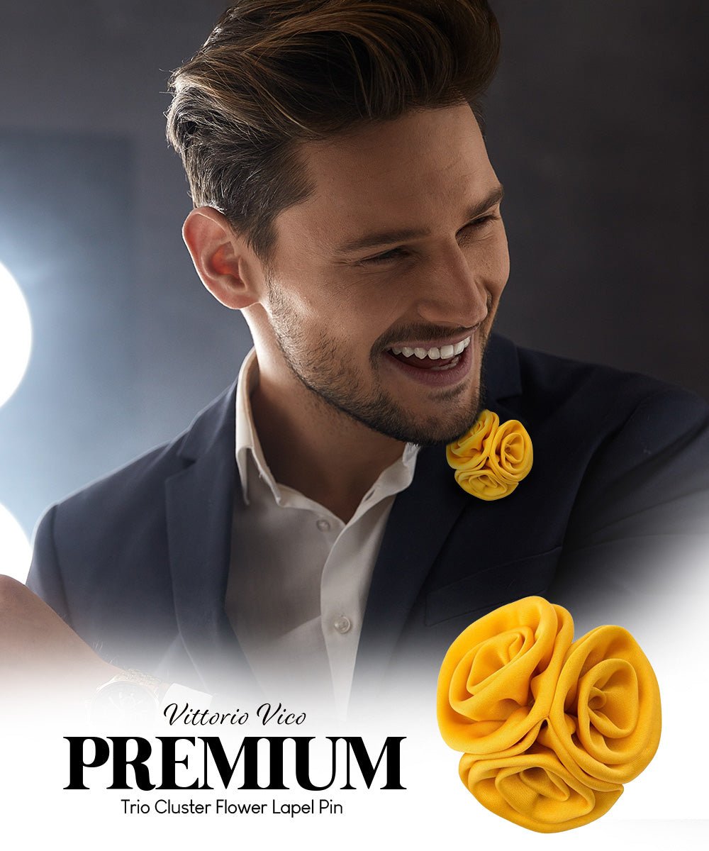 Vittorio Vico Unisex Trio Cluster Satin Flower Lapel Pin - Yellow - Flower Lapel Pin - Vittorio Vico