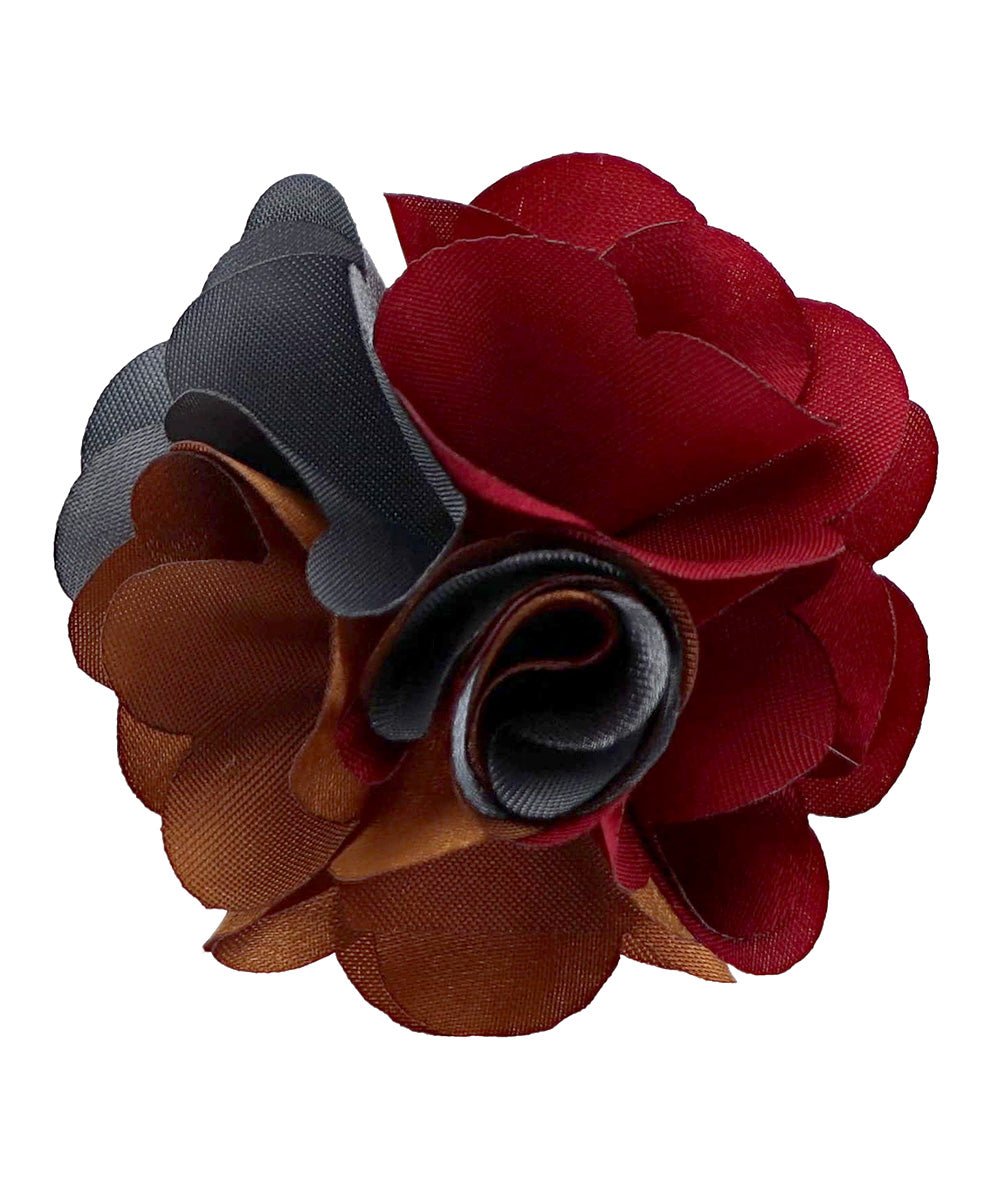Vittorio Vico Unisex Two Tone Satin Flower Lapel Pin - Burgundy and Charcoal and Whiskey - Flower Lapel Pin - Vittorio Vico
