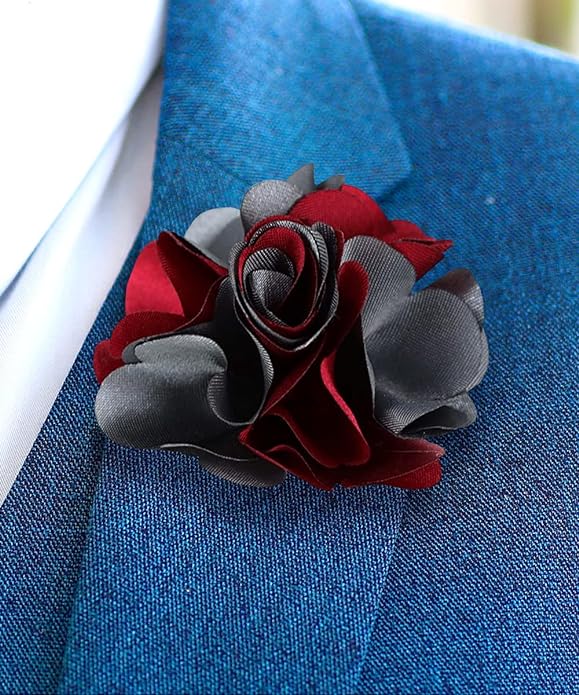 Vittorio Vico Unisex Two Tone Satin Flower Lapel Pin - Burgundy and Silver Gray - Flower Lapel Pin - Vittorio Vico