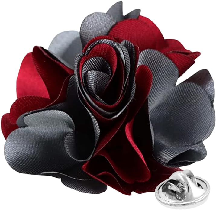 Vittorio Vico Unisex Two Tone Satin Flower Lapel Pin - Burgundy and Silver Gray - Flower Lapel Pin - Vittorio Vico