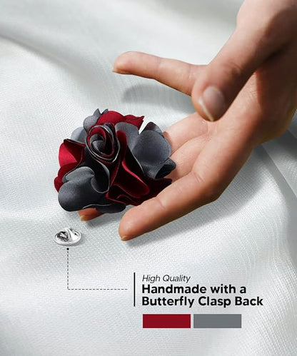 Vittorio Vico Unisex Two Tone Satin Flower Lapel Pin - Burgundy and Silver Gray - Flower Lapel Pin - Vittorio Vico