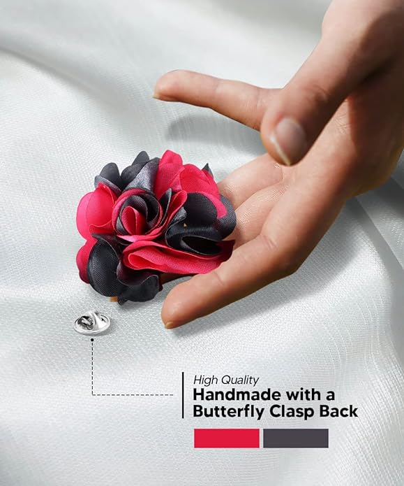 Vittorio Vico Unisex Two Tone Satin Flower Lapel Pin - Hot Pink and Silver Gray - Flower Lapel Pin - Vittorio Vico