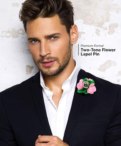 Vittorio Vico Unisex Two Tone Satin Flower Lapel Pin - Pink and Kelly Green - Flower Lapel Pin - Vittorio Vico