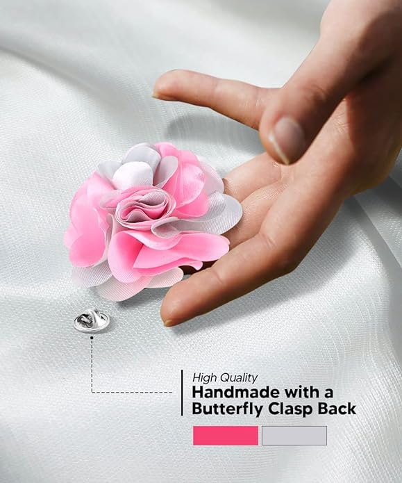 Vittorio Vico Unisex Two Tone Satin Flower Lapel Pin - Pink and Light Silver - Flower Lapel Pin - Vittorio Vico