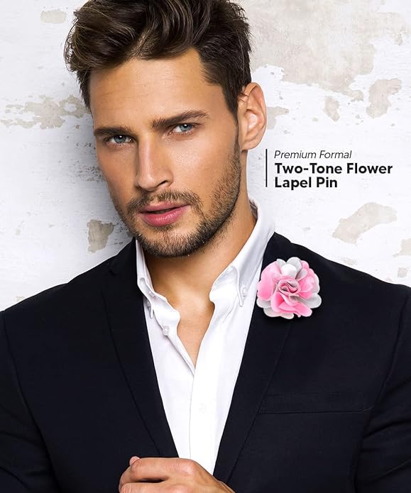 Vittorio Vico Unisex Two Tone Satin Flower Lapel Pin - Pink and Light Silver - Flower Lapel Pin - Vittorio Vico