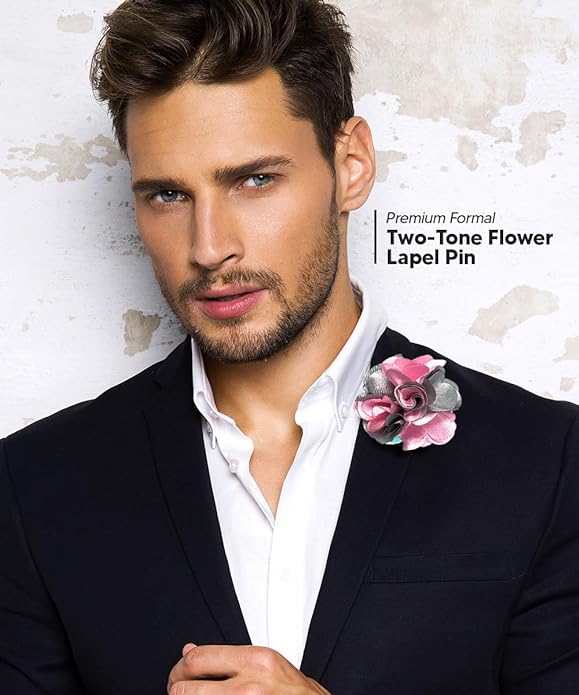 Vittorio Vico Unisex Two Tone Satin Flower Lapel Pin - Pink and Light Silver - Flower Lapel Pin - Vittorio Vico