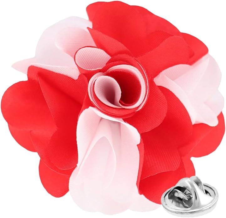 Vittorio Vico Unisex Two Tone Satin Flower Lapel Pin - Red and White - Flower Lapel Pin - Vittorio Vico