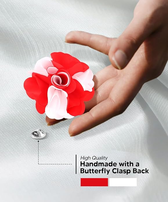 Vittorio Vico Unisex Two Tone Satin Flower Lapel Pin - Red and White - Flower Lapel Pin - Vittorio Vico