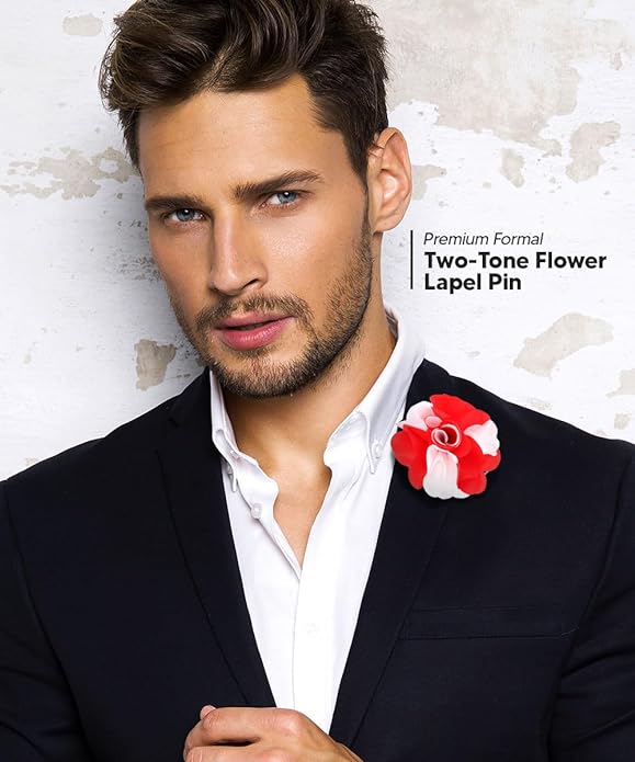 Vittorio Vico Unisex Two Tone Satin Flower Lapel Pin - Red and White - Flower Lapel Pin - Vittorio Vico
