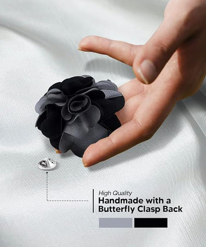 Vittorio Vico Unisex Two Tone Satin Flower Lapel Pin - Silver Gray and Black - Flower Lapel Pin - Vittorio Vico