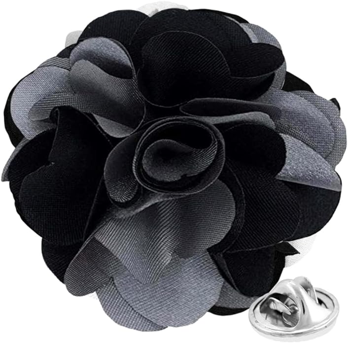 Vittorio Vico Unisex Two Tone Satin Flower Lapel Pin - Silver Gray and Black - Flower Lapel Pin - Vittorio Vico