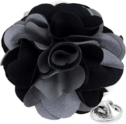 Vittorio Vico Unisex Two Tone Satin Flower Lapel Pin - Silver Gray and Black - Flower Lapel Pin - Vittorio Vico