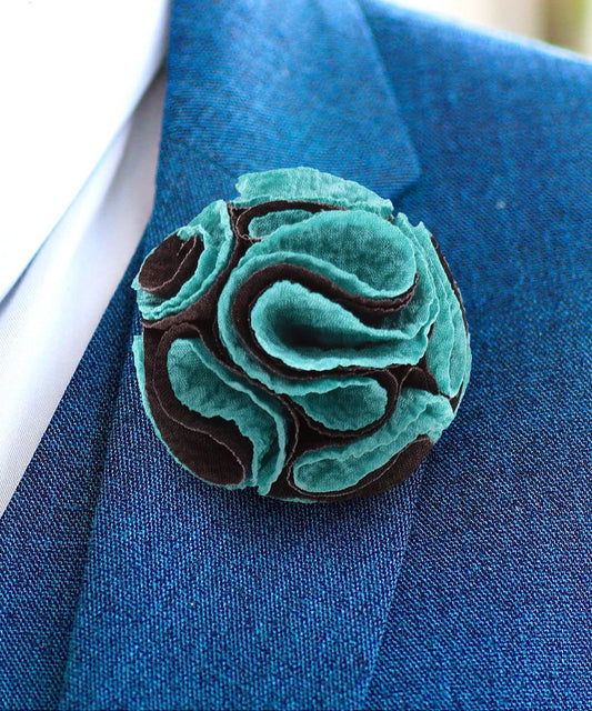 Vittorio Vico Unisex Two-Tone Seersucker Flower Lapel Pin - Aqua and Black - Flower Lapel Pin - Vittorio Vico