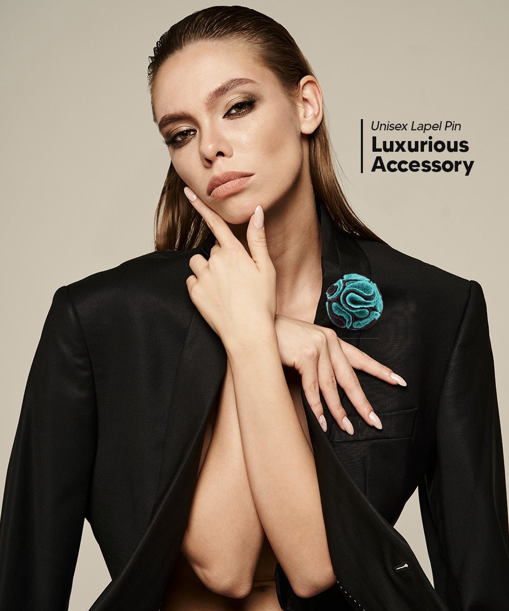 Vittorio Vico Unisex Two-Tone Seersucker Flower Lapel Pin - Aqua and Black - Flower Lapel Pin - Vittorio Vico