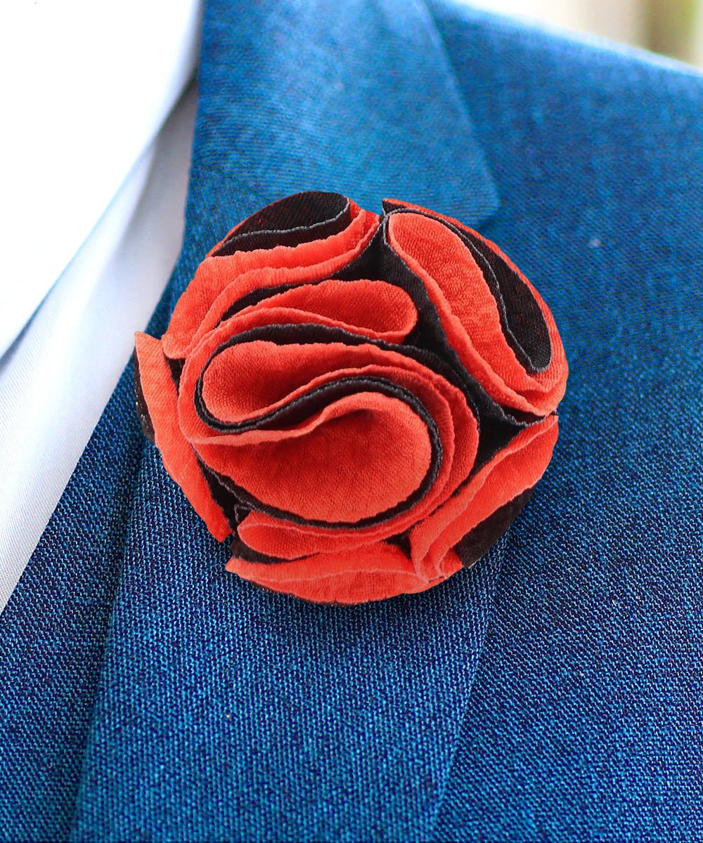 Vittorio Vico Unisex Two-Tone Seersucker Flower Lapel Pin - Orange and Black - Flower Lapel Pin - Vittorio Vico