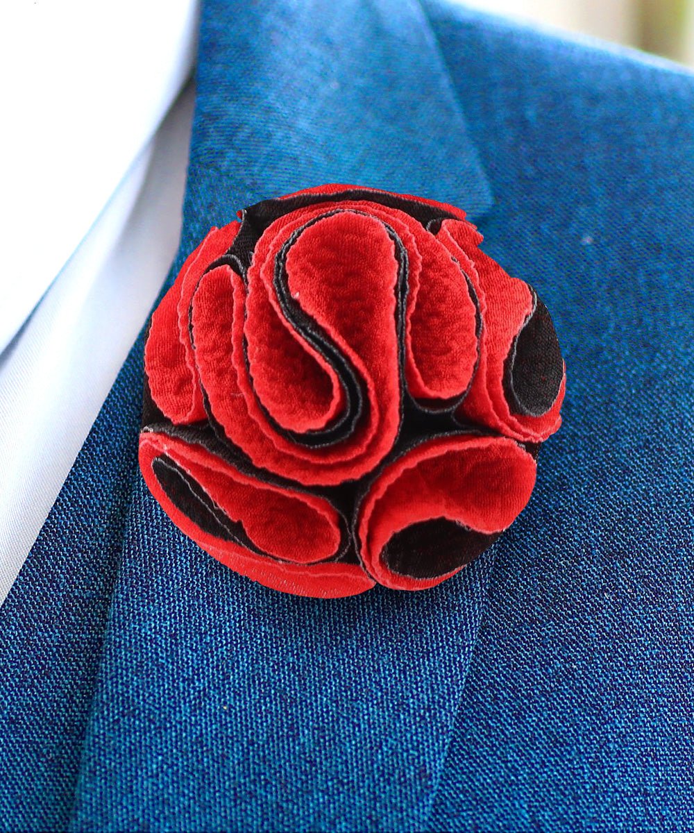 Vittorio Vico Unisex Two-Tone Seersucker Flower Lapel Pin - Red and Black - Flower Lapel Pin - Vittorio Vico