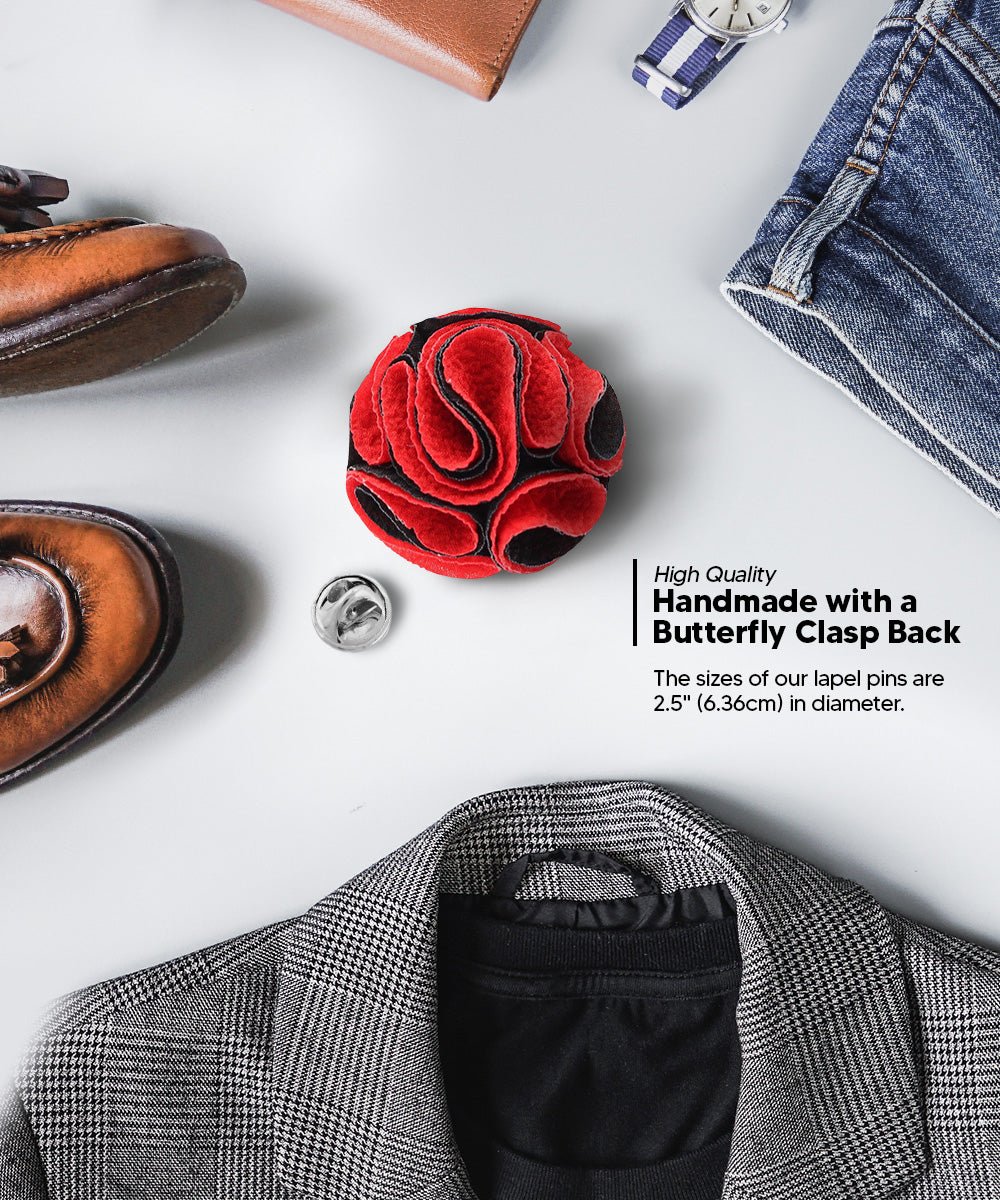 Vittorio Vico Unisex Two-Tone Seersucker Flower Lapel Pin - Red and Black - Flower Lapel Pin - Vittorio Vico