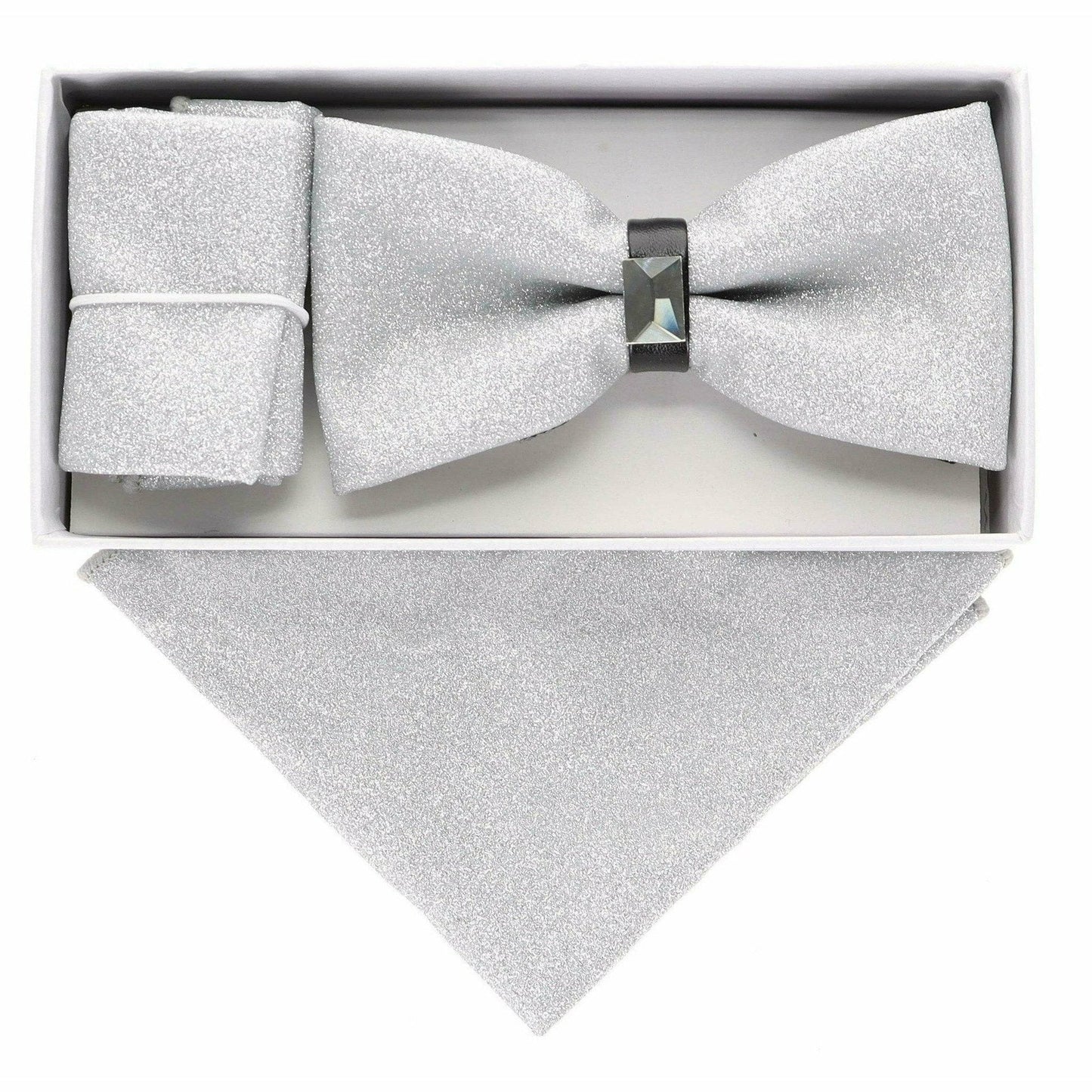 Vittotio Farina Men's Rhinestone Bow Tie and Pocket Square in Gift Box - Silver - Bow Tie & Pocket Square - Vittorio Farina