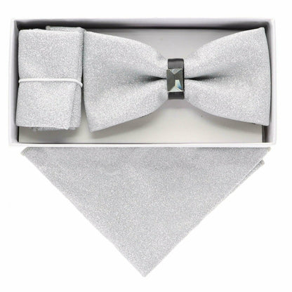 Vittotio Farina Men's Rhinestone Bow Tie and Pocket Square in Gift Box - Silver - Bow Tie & Pocket Square - Vittorio Farina